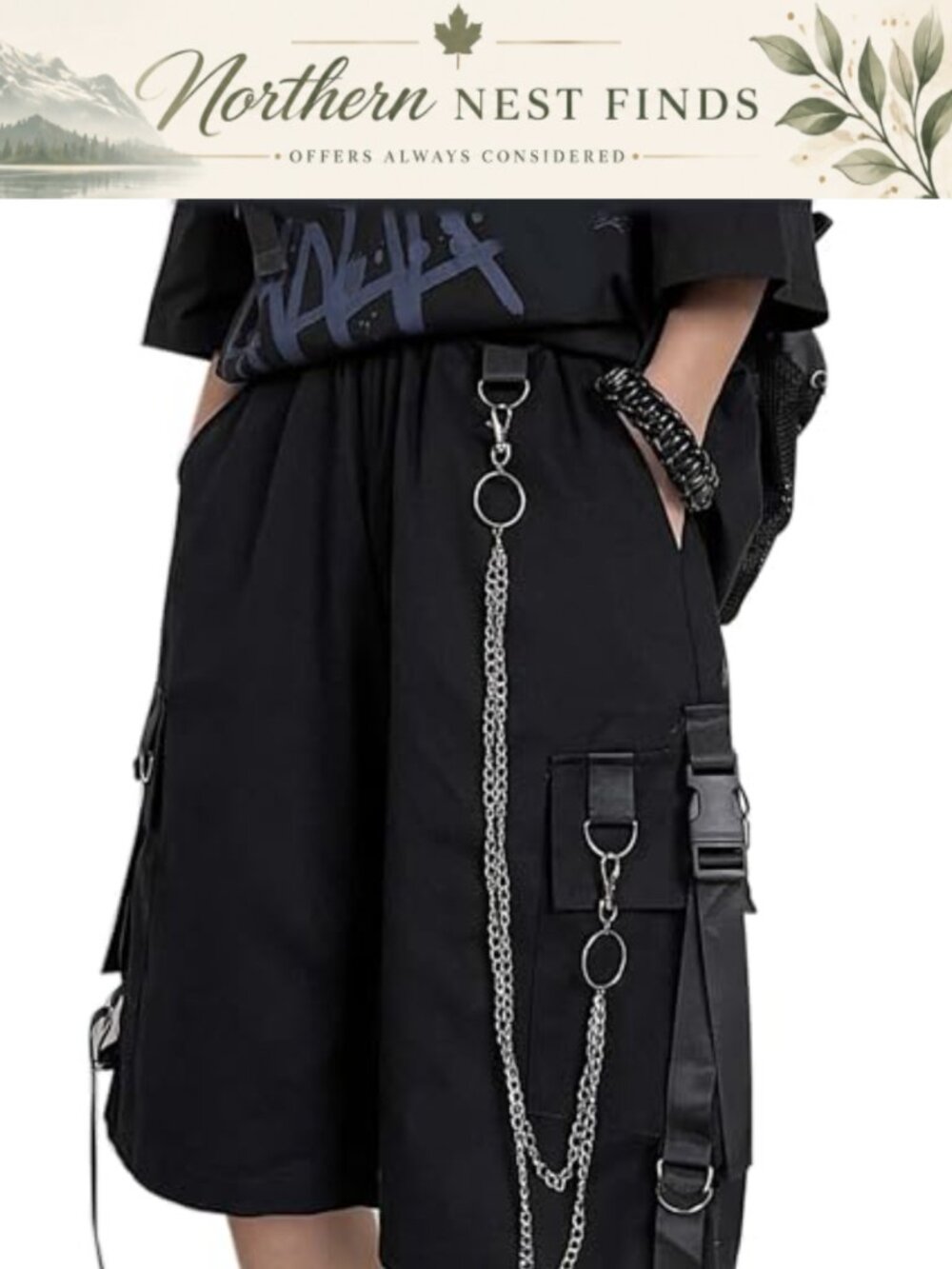 Women's Black Cargo Pants Rayon Blend Mid Rise Wide Leg Chain Detail